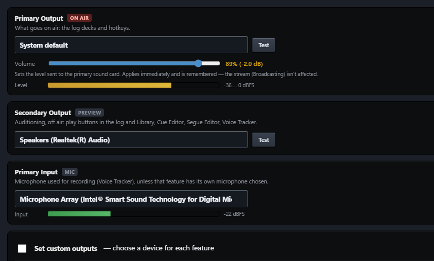 Sound card outputs in OnCue