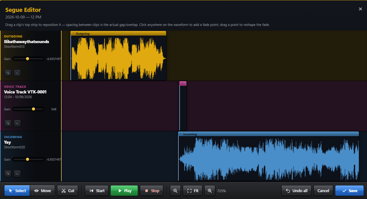 Segue editor in OnCue